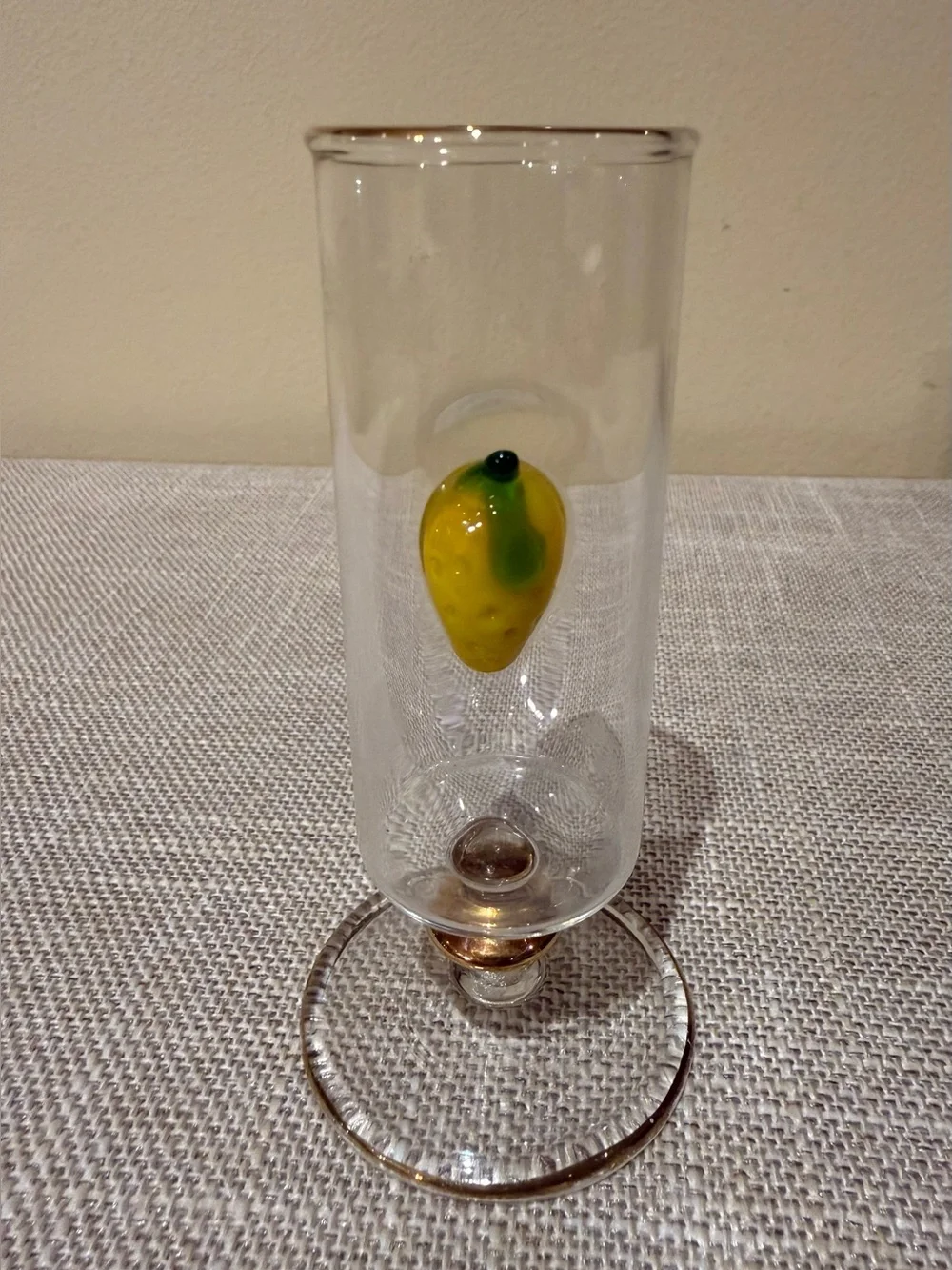 Vintage Art Glass Footed Cordial Glass Lemon Motif Gold Trim 4.5
